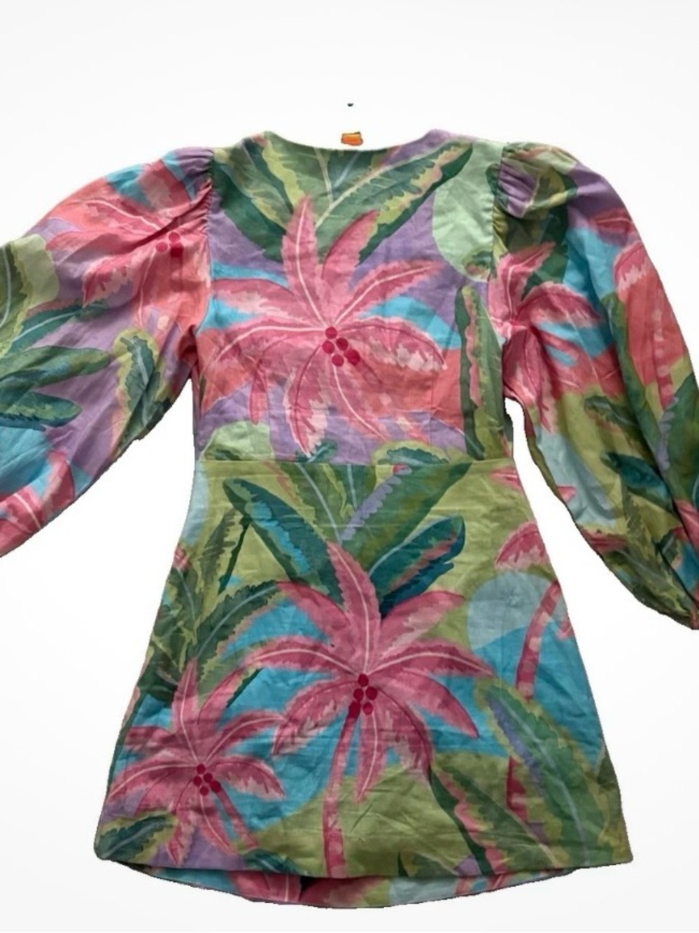 Farm Rio Tropical cut out Print Dress with bamboo rings linen blend size s